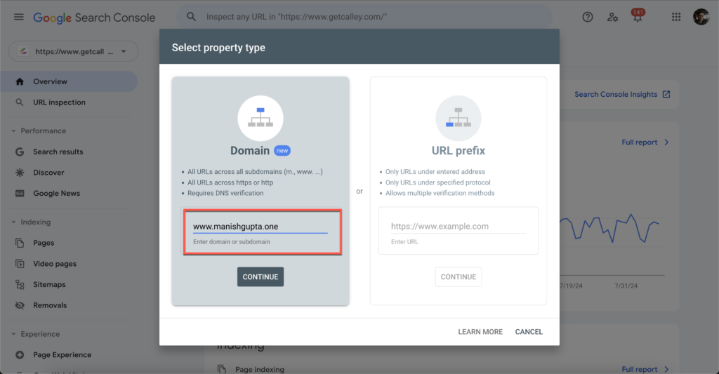 Choose the right property type. If you choose Domain Property then you need to have access to domains DNS management panel. 