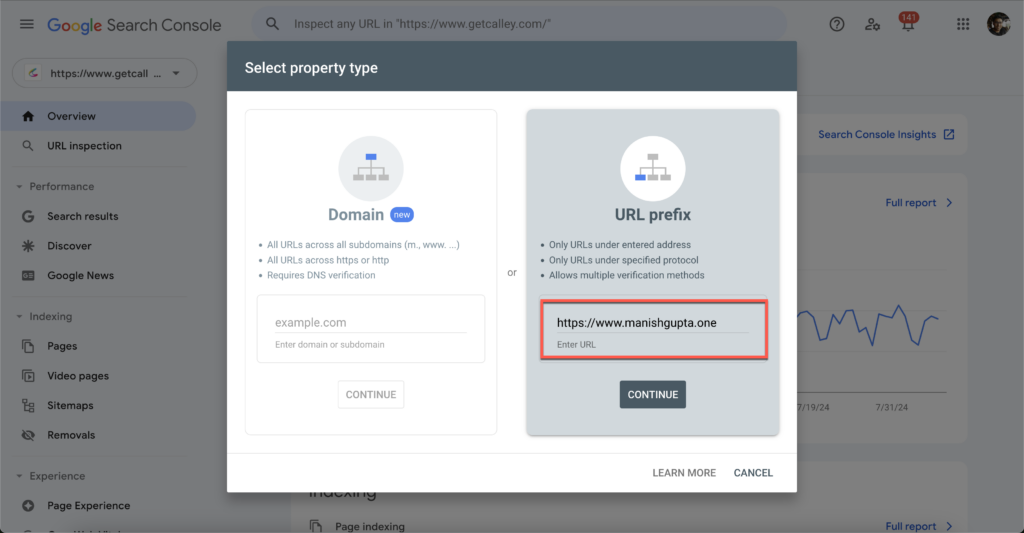 If you choose URL Prefix Property you can go and verify using file upload method which is simpler as compared to DNS verification method.