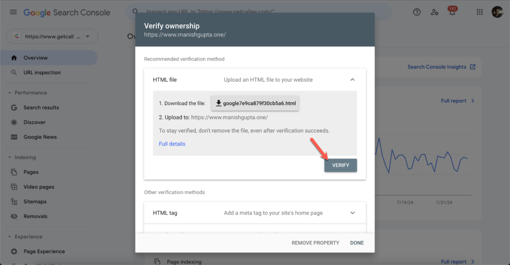 Once you can see the file click on the Verify button to add the website in your Google Search Console Account. 